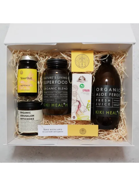 Gift box with supplements: YourGut, Superfood, Aloe Ferox, Artichoke, Epavin, and a "Sent with Love" card.