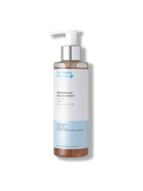 Peppermint Facial Wash bottle with pump, labelled for oily to combination skin.