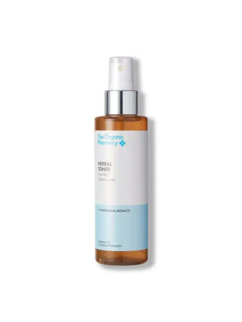 Herbal toner bottle with spray cap, labelled for normal to combination skin.