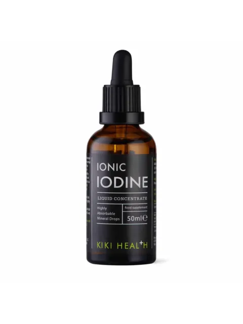 Brown bottle of Kiki Health Ionic Iodine Liquid Concentrate, 50ml, with dropper lid.