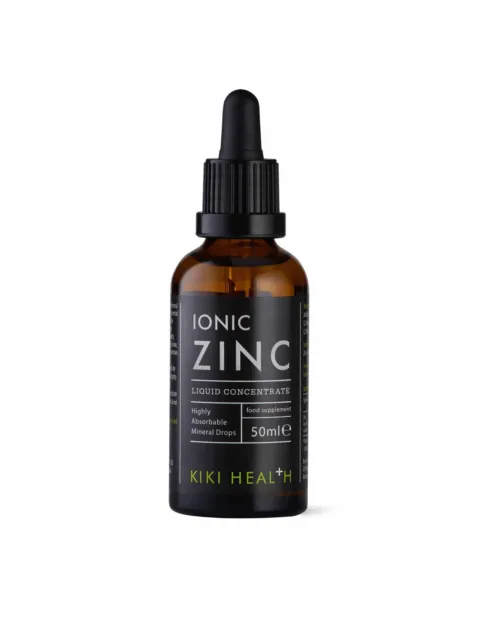 Brown bottle of Kiki Health Ionic Zinc Liquid Concentrate, 50ml.