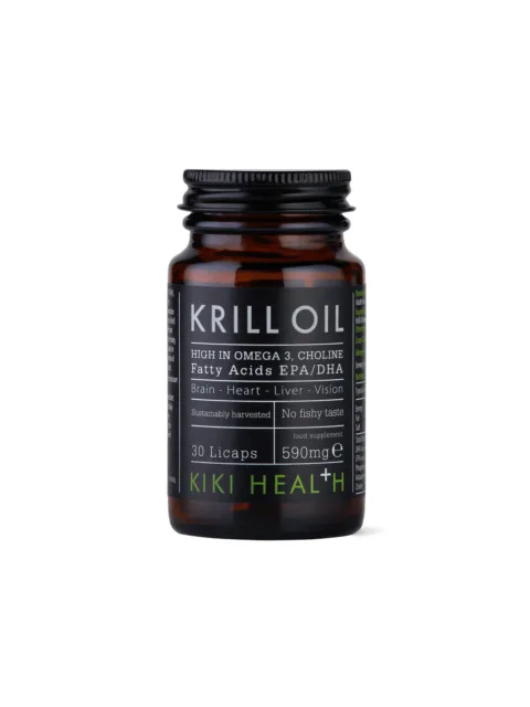 Krill Oil bottle, 30 licaps, 590mg, high in Omega 3, choline, EPA/DHA, by Kiki Health.