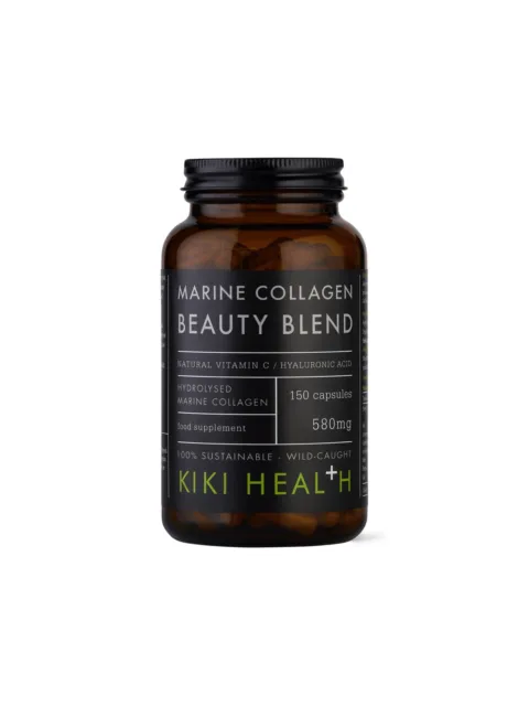 Kiki Health Marine Collagen Beauty Blend, 150 capsules, 580mg, in a brown bottle.