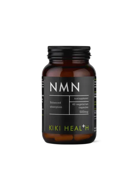 Kiki Health NMN supplement bottle, 60 vegetarian capsules, 500mg.