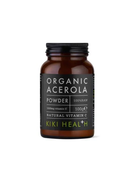 Brown jar labelled "Organic Acerola Powder" by Kiki Health, 100g.