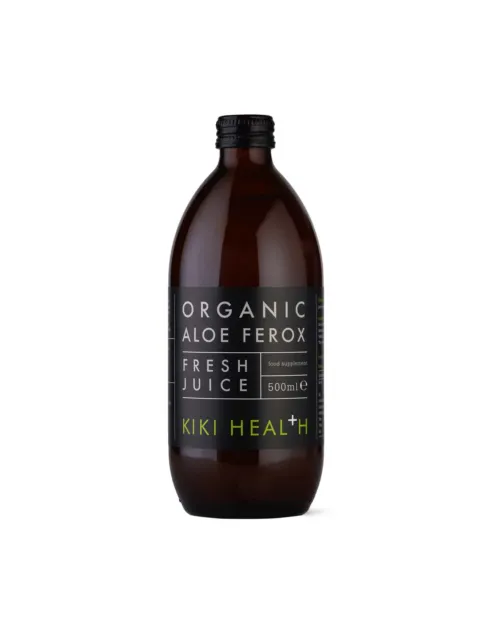Brown bottle of Kiki Health Organic Aloe Ferox Fresh Juice, 500ml.