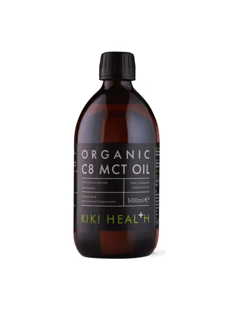 Brown bottle of Kiki Health Organic C8 MCT Oil, 500ml, coconut-derived.