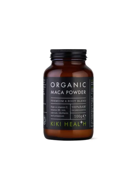 Brown jar of Kiki Health Organic Maca Powder, 100g, with vitamin and ingredient details.