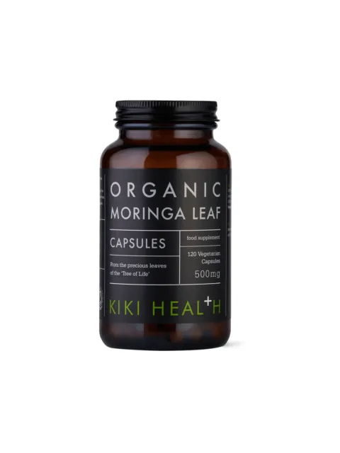 Organic Moringa Leaf capsules, 120 vegetarian, 500mg, by Kiki Health in a brown bottle.
