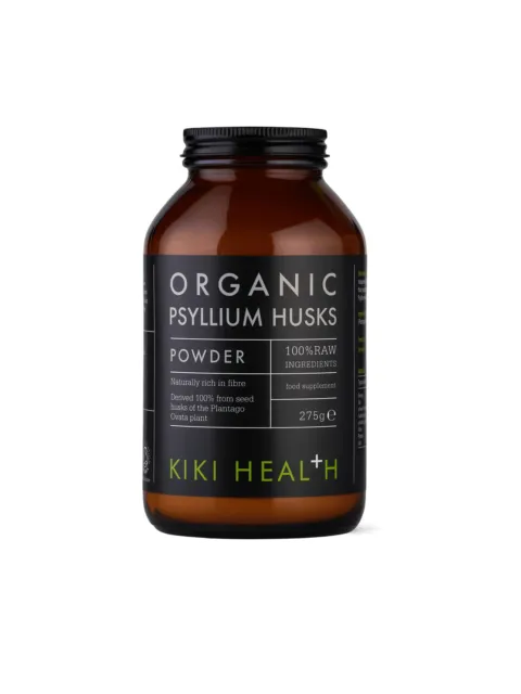 Organic psyllium husks powder, 275g, Kiki Health, brown jar with black label.