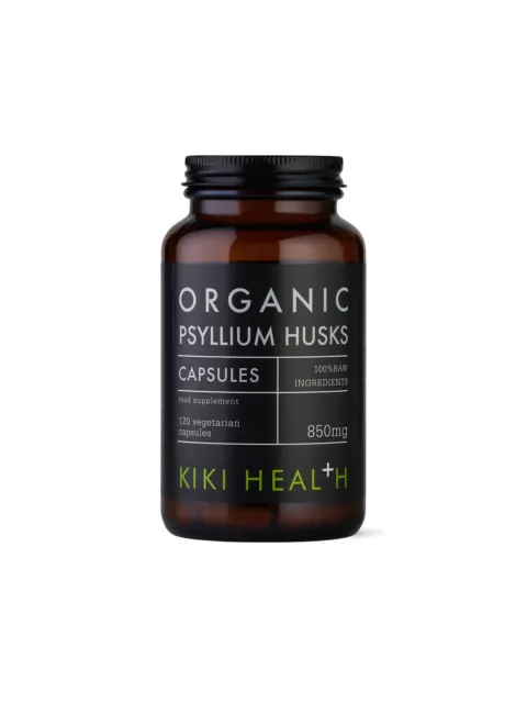 Brown bottle of Kiki Health Organic Psyllium Husks, 120 vegetarian capsules, 850mg.