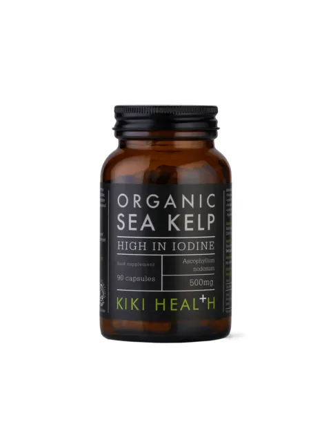 Brown bottle of Kiki Health Organic Sea Kelp, 90 capsules, high in iodine, 500mg.