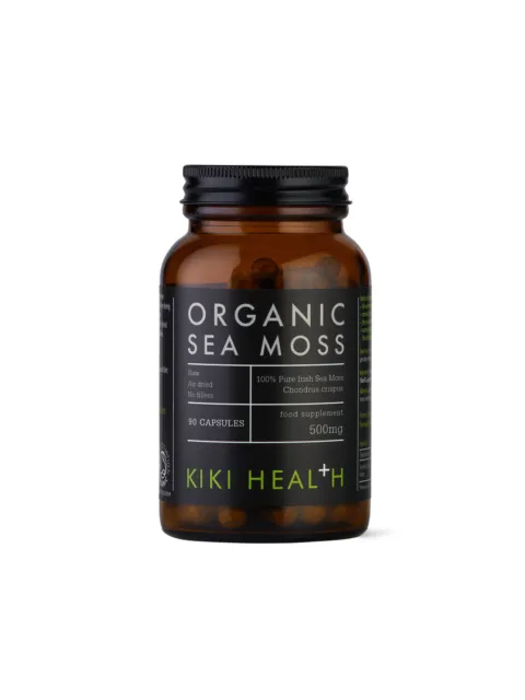 Brown bottle of Kiki Health Organic Sea Moss capsules, 500mg, 90 count.