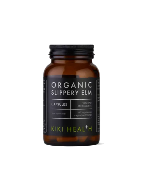 Brown bottle of Kiki Health Organic Slippery Elm capsules, 60 vegetarian capsules, 370mg.