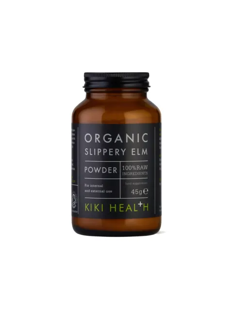 Brown jar of Kiki Health Organic Slippery Elm Powder, 45g, for internal and external use.
