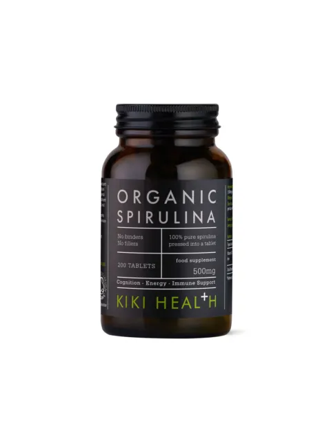 Kiki Health Organic Spirulina, 200 tablets, 500mg, brown bottle with black label.