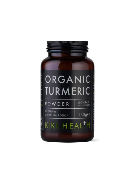 Brown jar of Kiki Health Organic Turmeric Powder, 150g, with black label.