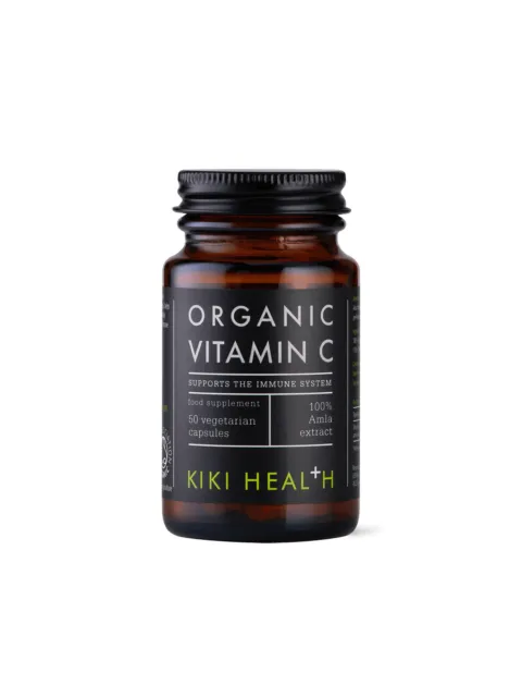 Kiki Health Organic Vitamin C bottle, 50 vegetarian capsules, supports immune system.