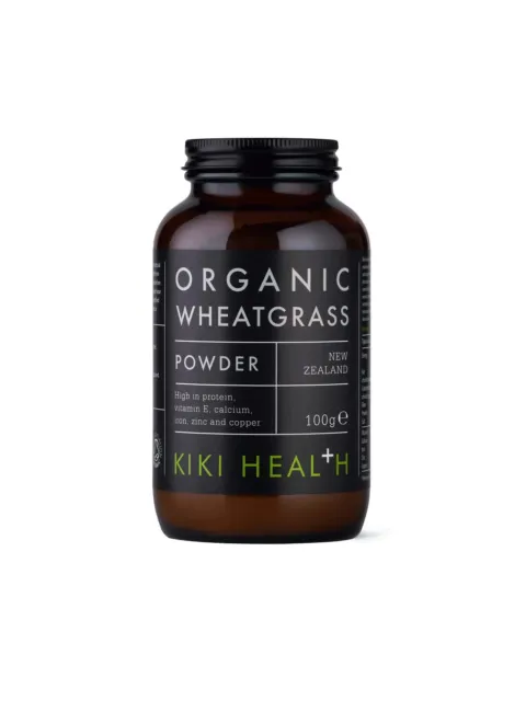 Brown jar of Kiki Health Organic Wheatgrass Powder, 100g, from New Zealand.