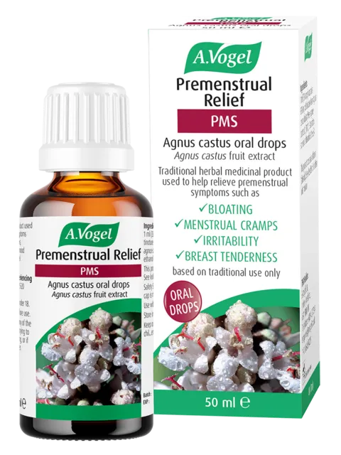 A.Vogel Premenstrual Relief PMS drops, 50ml, with Agnus castus fruit extract.