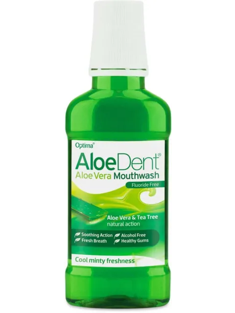Green bottle of AloeDent Aloe Vera Mouthwash, fluoride-free, with aloe vera and tea tree.