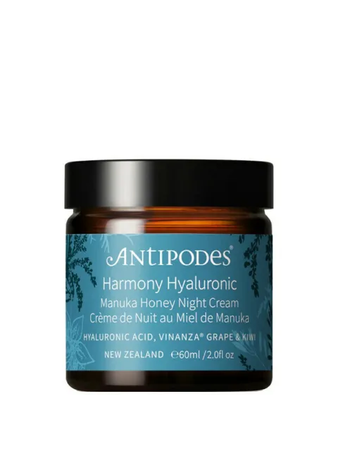 Antipodes Harmony Hyaluronic Manuka Honey Night Cream, 60ml jar, blue label.