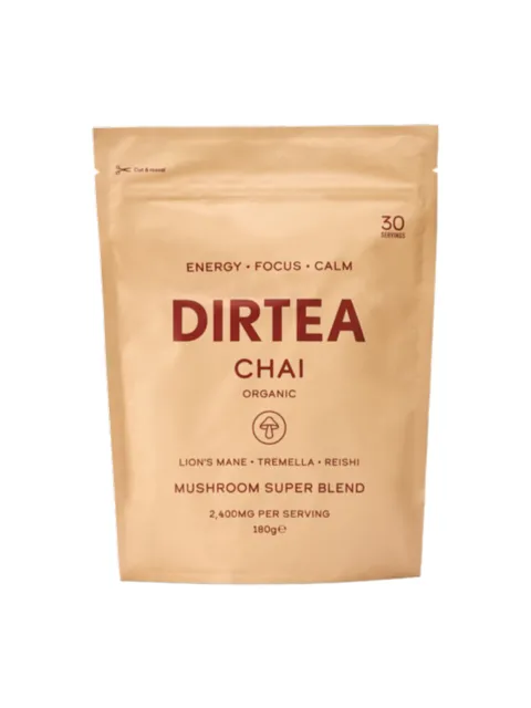 DIRTEA Chai Mushroom Super Blend, 180g, organic, 30 servings, energy, focus, calm.