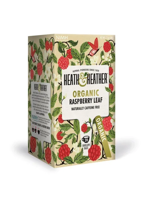 Heath & Heather Organic Raspberry Leaf tea box with raspberry and leaf design. 20 envelope bags.