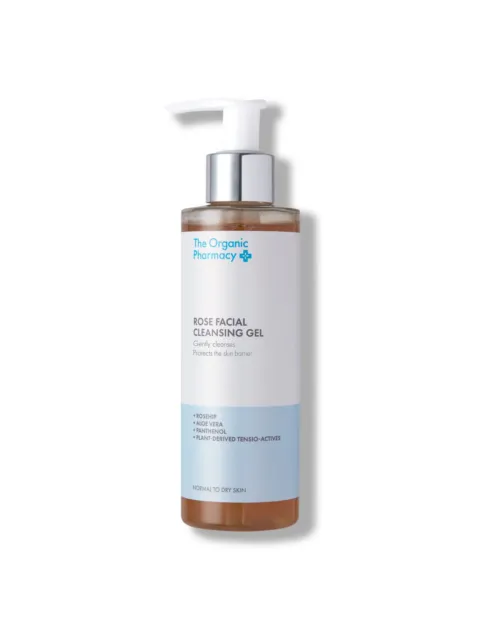 The Organic Pharmacy Rose Facial Cleansing Gel bottle with pump dispenser.