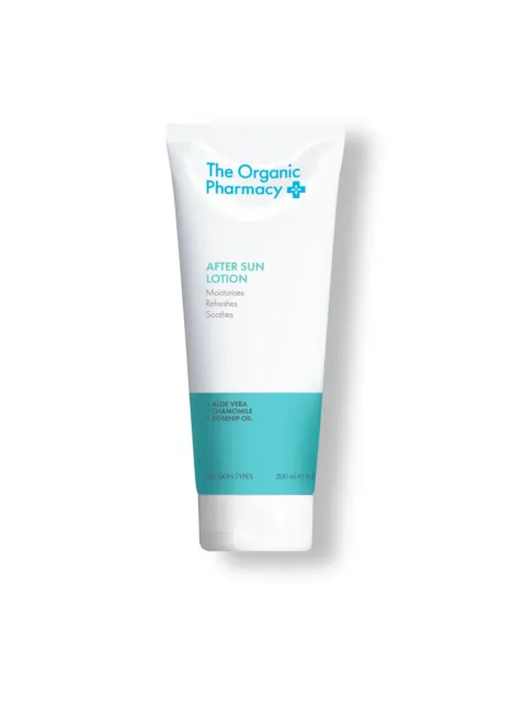 The Organic Pharmacy After Sun Lotion, 200ml tube. Contains aloe vera, chamomile, rosehip oil.