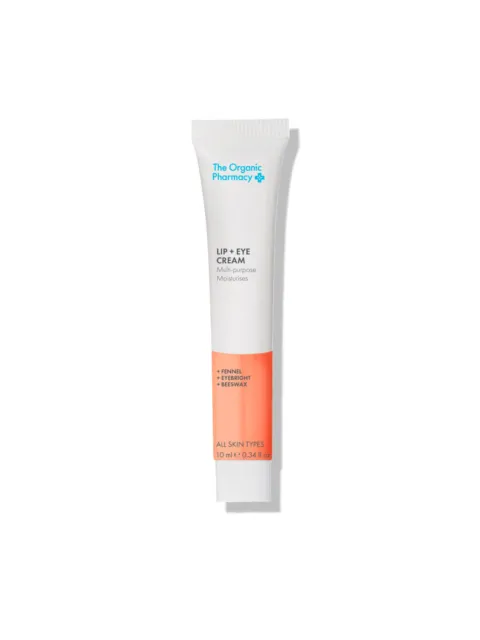 The Organic Pharmacy Lip + Eye Cream tube, 10 ml, for all skin types.