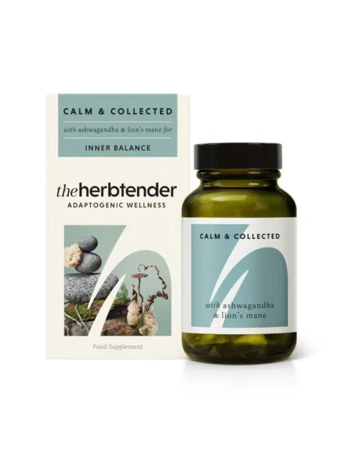 Herbtender Calm & Collected supplement with ashwagandha and lion's mane for inner balance.