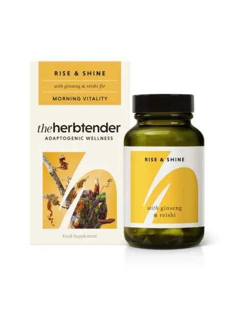 The Herbtender Rise & Shine supplement with ginseng and reishi for morning vitality.
