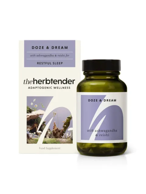 Doze & Dream supplement with ashwagandha and reishi for restful sleep. Green bottle and box.
