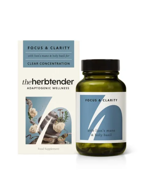 Herbtender Focus & Clarity supplement with lion's mane and holy basil. Green bottle and box.