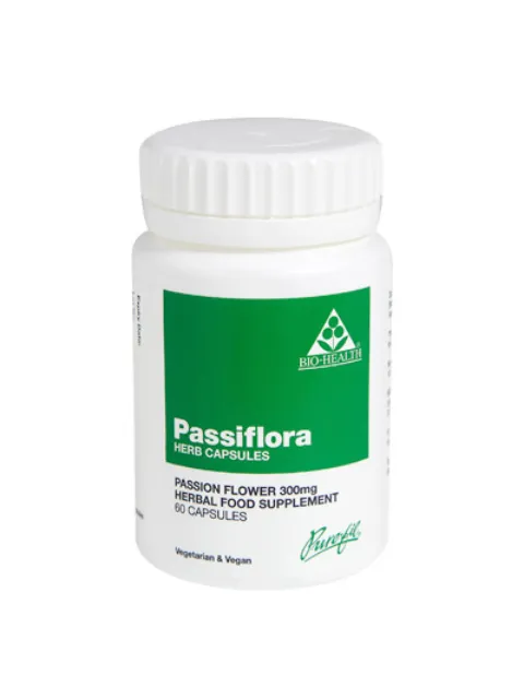 Passiflora herb capsules, 300mg, 60 count, vegetarian and vegan, by Bio-Health.