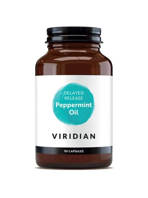 Brown bottle labelled "Delayed Release Peppermint Oil" by Viridian, 90 capsules.