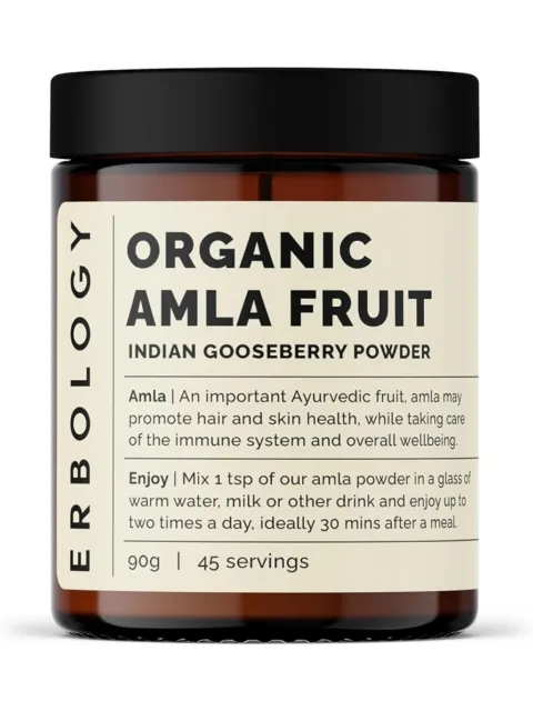 Erbology Organic Amla Fruit Indian Gooseberry Powder, 90g, 45 servings.