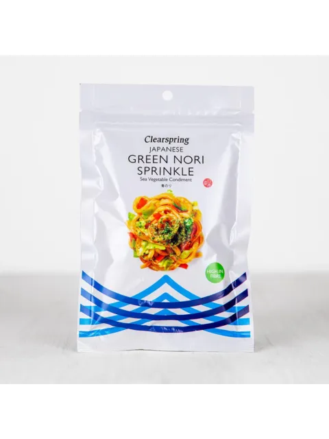 Clearspring Japanese Green Nori Sprinkle, 20g, high in fibre, in white packaging with blue design.
