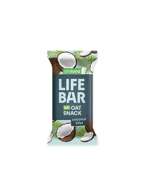 Lifefood Life Bar, bio oat snack, coconut bliss flavour, with coconut imagery on packaging.