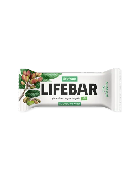 Lifebar chia pistachio snack bar, gluten-free, vegan, organic.