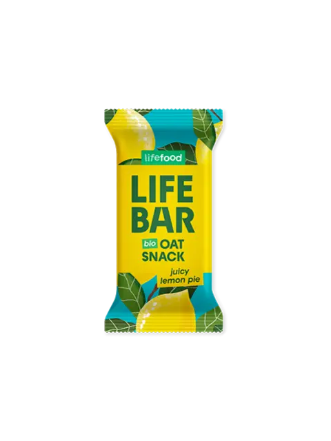 Yellow and green Life Bar oat snack wrapper with lemon and leaf design.