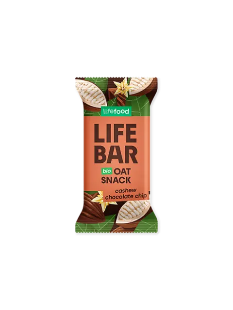 Lifefood Life Bar, bio oat snack, cashew chocolate chip flavour, in green and brown packaging.