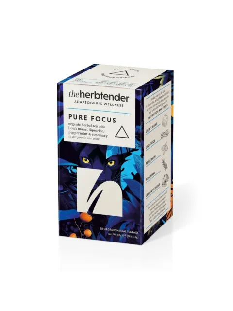 The Herbtender Pure Focus tea box with herbal ingredients listed.