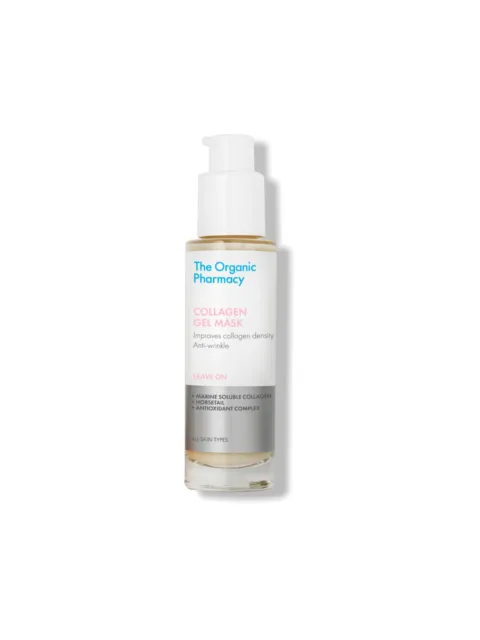 The Organic Pharmacy Collagen Gel Mask bottle with pump dispenser.