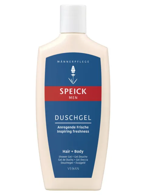 Speick Men shower gel bottle, vegan, for hair and body, labelled "Inspiring freshness".