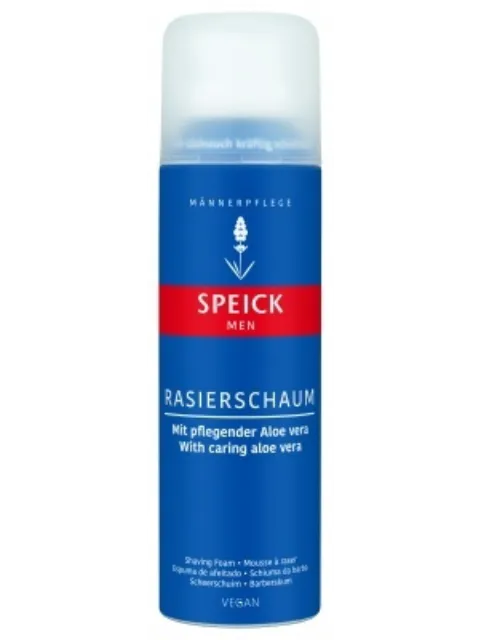 Speick Men shaving foam with aloe vera, blue and red can, vegan formula.