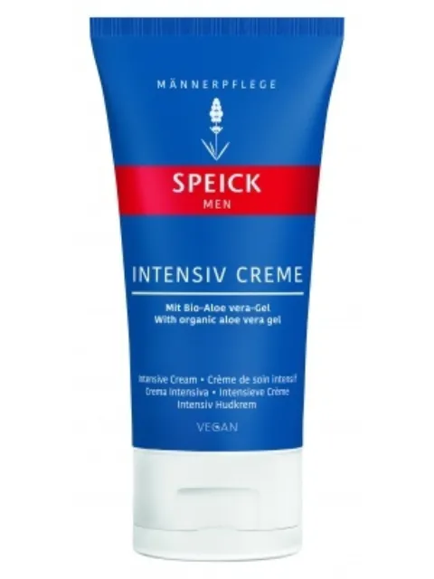 Blue tube of Speick Men Intensiv Creme with aloe vera gel, vegan formula.
