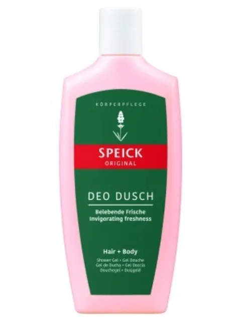 Speick Original Deo Dusch shower gel bottle, pink with green and red label.