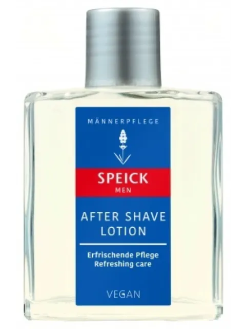 Speick Men After Shave Lotion bottle with blue and red label, vegan formula.